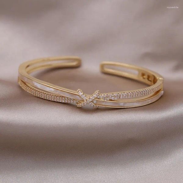 Bangle Coreano Moda Jóias 14k Banhado A Ouro Luxo Zircão Acrílico Cruz Abertura Pulseira Elegante Mulheres Diárias Acessórios de Trabalho