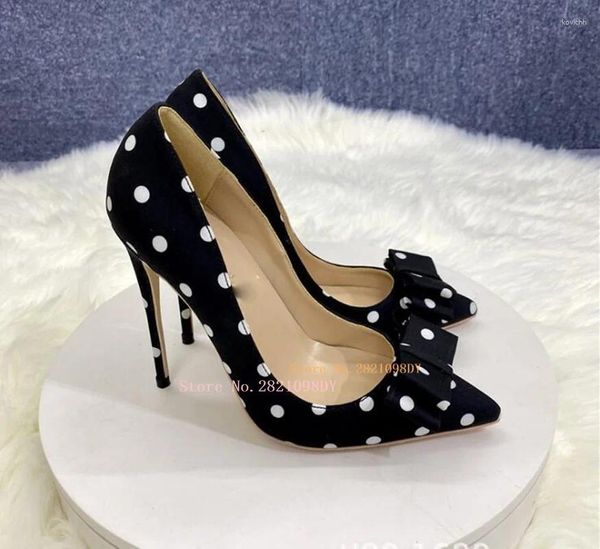 Scarpe eleganti Tacchi alti in pelle scamosciata nera con motivo a pois Décolleté con papillon per donna Punta a punta con tacco a spillo Slip on formale