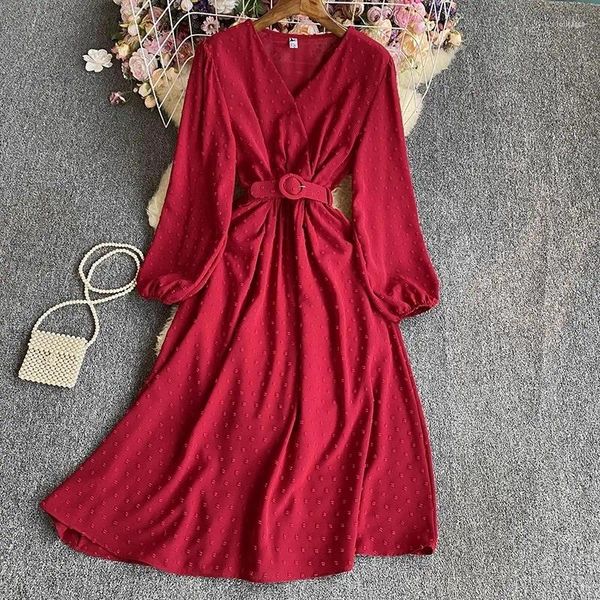 Vestidos casuais elegante vintage para mulheres outono cinto magro manga longa femme plissado vestido francês chique vestido gota