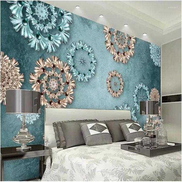 Tapeten Moderne Blumentapete Blau Roségold 3D-geprägte Blumenwandwandpapiere Wohnkultur Luxusdekoration Wandgemälde