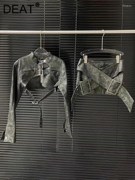 Arbeit Kleider frauen Anzug 2023 Herbst Stehkragen Kontrast Farbe Metall Knopf PU Leder Jacke Röcke Weibliche Zwei-stück Sets 11XX6162