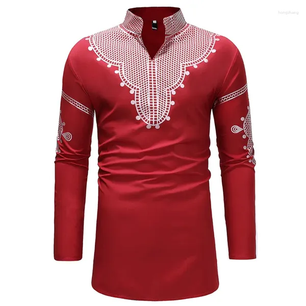 Abbigliamento etnico Camicia extra lunga con stampa Dashiki africana Uomo 2023 Marca Streetwear Abbigliamento Casual Manica Slim Chemise Homme