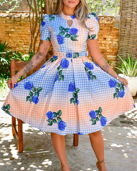 Ethnische Kleidung Floral Plaid Print Puffärmel Belted Dress Damen Short High Waist Casual Fashion Mini Party