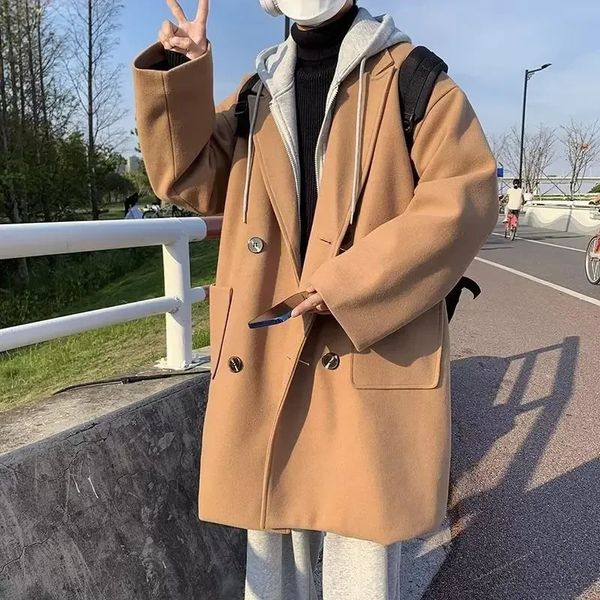 Misto lana da uomo Cappotto di lana finto in due pezzi Uomo Autunno Inverno Moda coreana Trench con cappuccio oversize con cappuccio Streetwear Uomo Giacca di lana calda spessa 231123