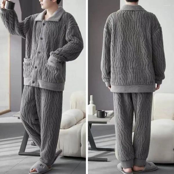 Pijamas masculinos 2 pçs/set homens pijamas de inverno conjunto grosso lapela de pelúcia cintura elástica quente aconchegante onda de água textura homewear loungewear