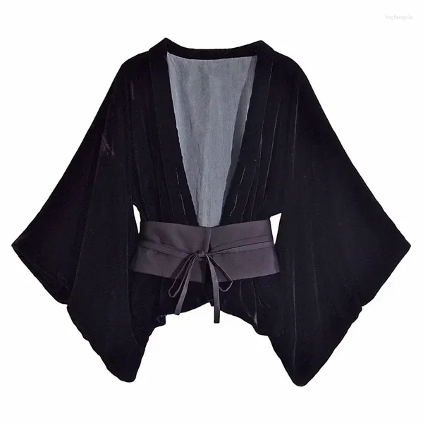 Blusas femininas outono inverno blusa de veludo preto para mulheres manga morcego elegante feminino topos profundo decote em v com cinto espartilho em 2023