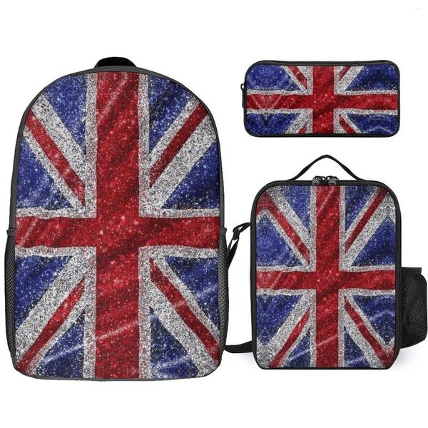 Mochila 3 em 1 conjunto 17 polegadas saco de almoço caneta glitter union jack bandeira reino unido lantejoulas duradoura gráfico vintage confortável esportes acti