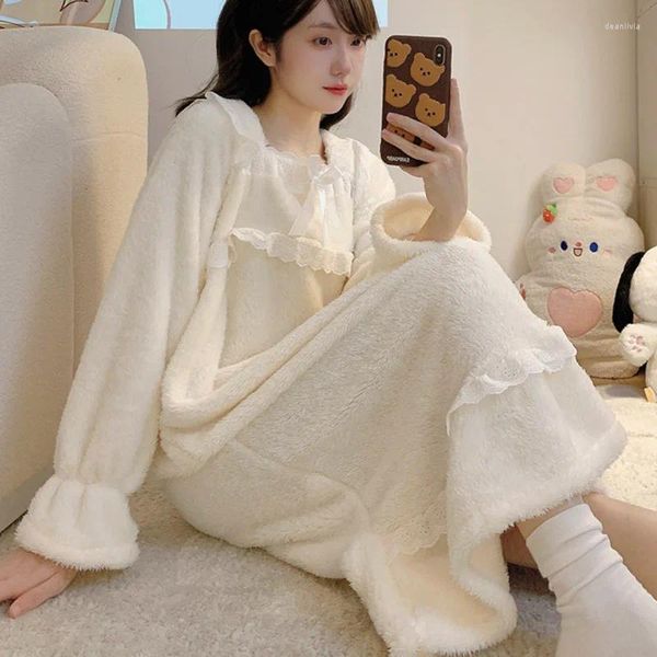 Kadın pijama kış gecelik kadın pazen pazen polar dantel gece gündüz sıcak kalın tatlı prenses pijamalar ev giyinme nightwear