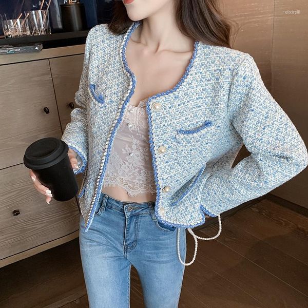 Damen Jacken Blau Tweed Jacke Frauen Anzug Mantel Frühling Herbst Wolle Tops Langarm Perlen Knopf Strickjacken O-Ausschnitt Hochwertige Oberbekleidung