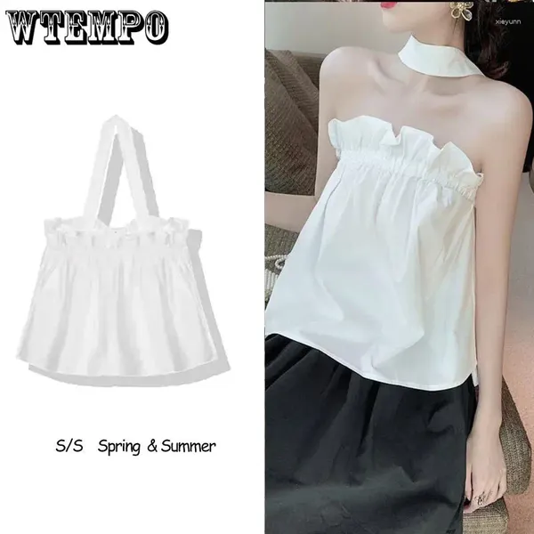 Canotte da donna Top bianco con collo appeso Top da donna dolce camicetta allentata cravatta reggiseno sexy senza schienale cinturino moda coreana stile preppy goccia estiva