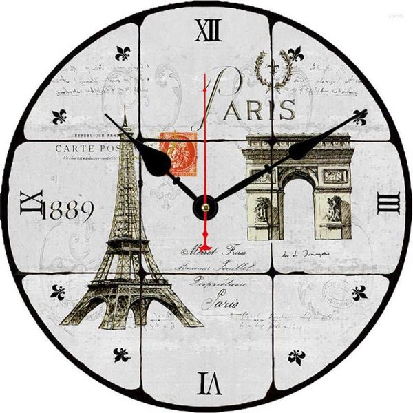 Orologi da parete Orologio chic con scenario di Parigi in legno per soggiorno, salotto, studio, camera da letto, rotondo silenzioso, 16 pollici