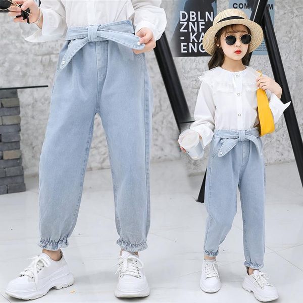 Kot 2023 bahar çocuk kız açık mavi denim pantolon kızlar moda yay pantolon gündelik tarzı kıyafetler 6 8 10y