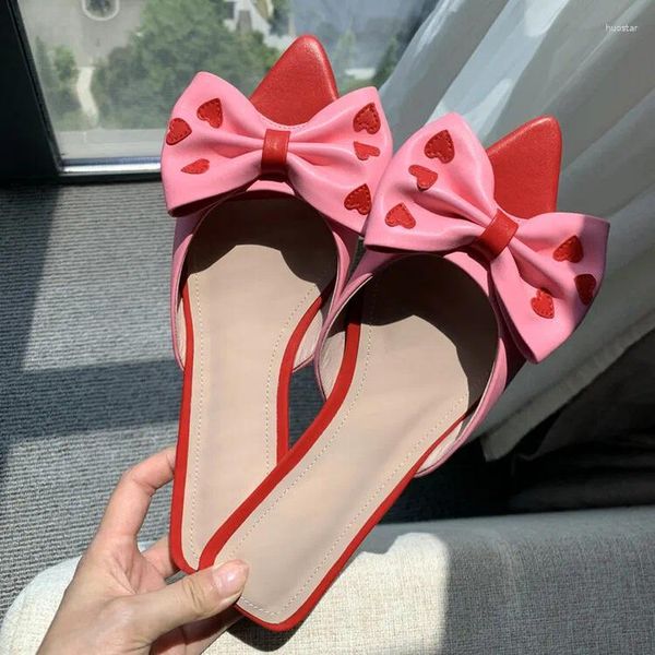 Hausschuhe Herz Rosa Bowknot Frauen Offene spitze Wohnungen Strand Rutschen Größe 40 Beige Leder Casual Mokassins Nette Sommer Zapatos Femme