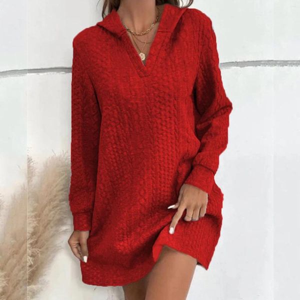 Casual Kleider Herbst Frauen Vintage Plain Kapuzen Pullover Kleid Elegante Rote Gestrickte Jacquard Weihnachten Party Basic