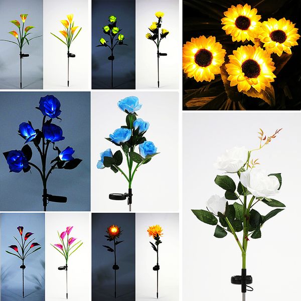 Lâmpada solar Lâmpada Lâmpada Luz Luzes LEDs de Flor Artificial ao ar livre IP65 Iluminação decorativa de pátio de Natal à prova d'água para o caminho do terraço Lily Rose Calla