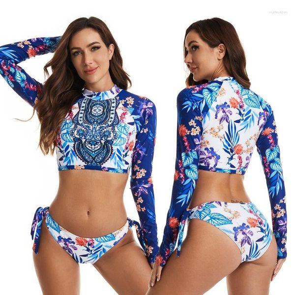 Damen Bademode Damen 2023 Rash Guard Zweiteiler Blume Bedruckt Langarm Badeanzug Surfanzug Bikinis Damen Badeanzüge