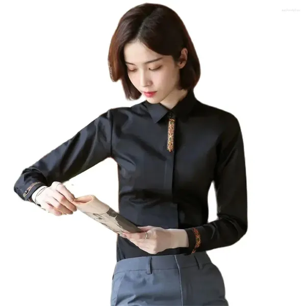 Blusas femininas bordado retalhos blusa manga longa temperamento sólido trabalho senhora do escritório camisa profissional primavera outono ol topo