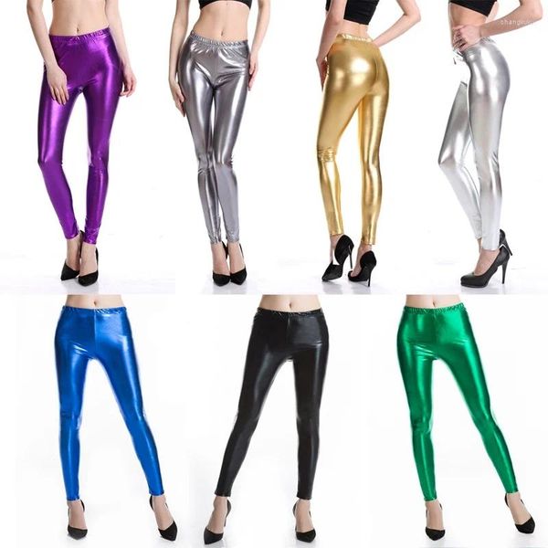 Damen Leggings Frauen Solide Metallic Grün Gold Silber Party Rave Booty Skinny Hosen Glänzende Fitness Bleistift Legging