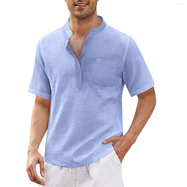 Camisas casuais masculinas camisa masculina linho de algodão de manga curta masculino botão para baixo