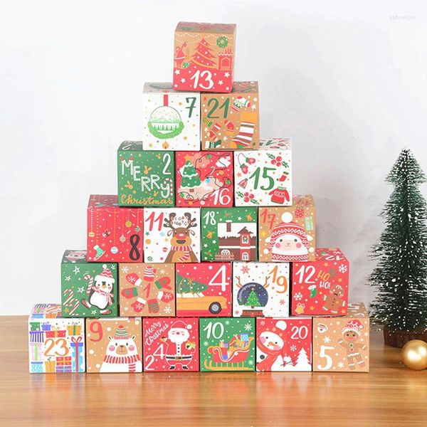 Embrulho de presente 24pcs Caixa de calendário do advento de Natal Kraft Paper Candy Cookies Decor