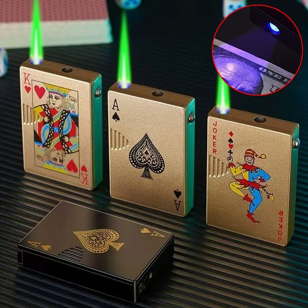 Torcia Jet ricaricabile Accendino da poker con fiamma verde Accendino da poker a forma di carta da gioco Accendino Accendisigari Torcia a getto Giocattolo divertente Accessori per fumatori Regalo