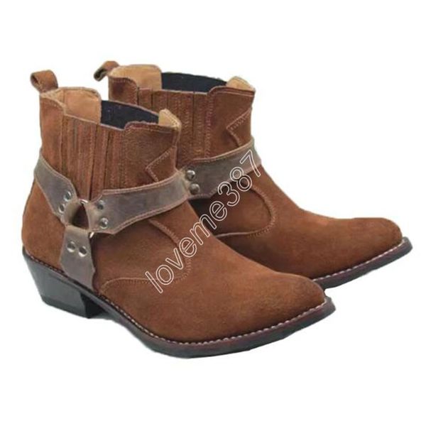 Novas botas masculinas de couro genuíno feitas à mão botas de equitação de cowboy ocidental para homens marrom apontou toe 4.5cm saltos, tamanho grande 38-45