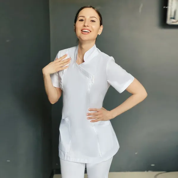 Mulheres duas peças calças centro de saúde feminino branco trabalho uniforme conjuntos de beleza clínica dentária mulheres manga curta verão trabalhando