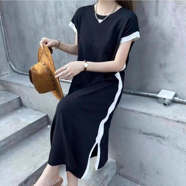 Abiti Casual Moda Coreana Maglia Donna Estate Allentato O-Collo Vestito T-Shirt Colore Contrasto Diviso Abbigliamento Harajuku