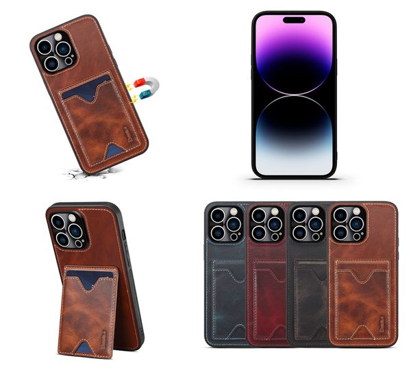 Custodia per telefono Vogue in vera pelle con vibrazione magnetica retrò per iPhone 14 13 Pro Max durevole multifunzionale slot per schede multiple portafoglio frizione cavalletto cover posteriore