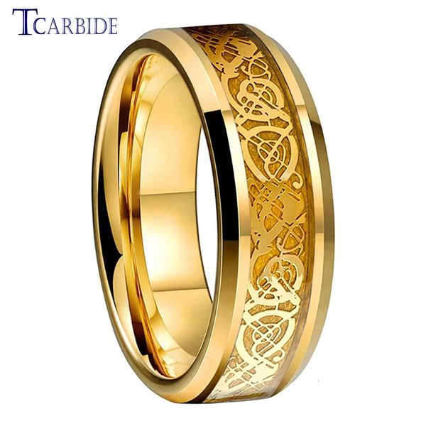 Bant Yüzükleri 8mm Tungsten Engagement Wedding Band Ring Erkekler için Kadınlar Karbon Fiber Tabanlı Ejderha Makinesi Güzel Hediye Takı Konforu 231124