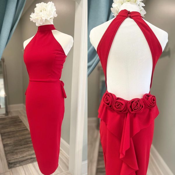 Graduation Midi Dress 2k23 Sheath Hand-Made Rose Lady Cocktail Pageant Interview Winter Formal Event Party Runway Black-Tie Gala Hoco Bridesmaid Neckholder Open Back
