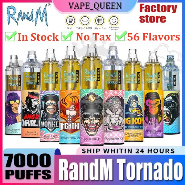 Original RandM E-Zigaretten-Set Tornado 7000 Puffs Einweg-Vape-Stift-Set Elektronische Zigaretten 14 ml Pod Mesh Coil 6 leuchtende Farben Luftverstellbar 0 % 2 % 3 % 5 % Fumot 7K