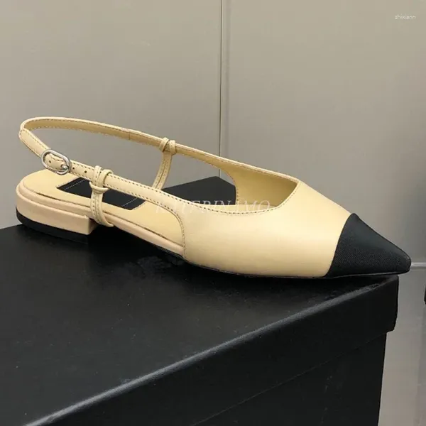 Сандалии 2023, женская обувь, дизайнерская обувь на плоской подошве из натуральной кожи, модная женская обувь с острым носком, золотистая пятка, 35–41