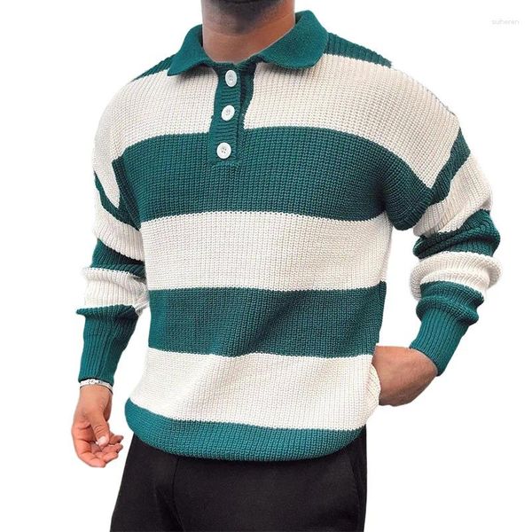 Erkek Sweaters 2023 Sweater Polo-Neck Uzun kollu tek renkli kazak, erkekler için çizgili retro gündelik kalite