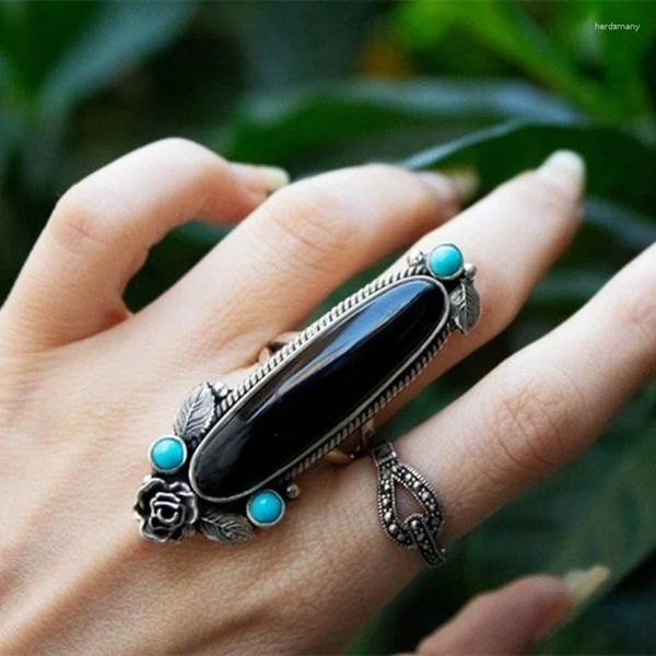 Cluster Ringe Boho Blau Schwarz Steine Ring Silber Farbe Für Frauen Statement Floral Party Schmuck