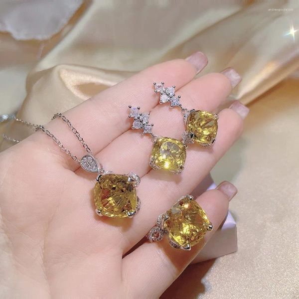 Комплект ожерелья и серег, желтые ювелирные изделия с цитрином, серьги-капли, кольцо для женщин, посеребренные модные вечерние аксессуары