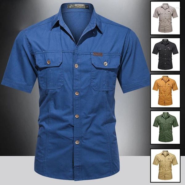 Camisas casuais masculinas verão secagem rápida manga curta fã do exército camisa tática dos homens fino respirável lapela carga topos caminhadas ao ar livre militar