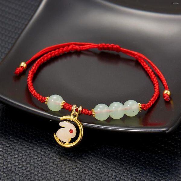 Braccialetti con ciondoli Anno fortunato Bracciale in giada zodiacale per donna Fatto a mano Rosso Corda nera Perline Compleanno Amici Regali fortunati