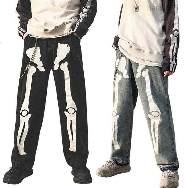 Джинсы Y2k с высокой талией и принтом скелетов, мешковатые широкие джинсовые брюки в стиле готика, прямые спортивные штаны для бега в стиле Харадзюку, уличная одежда