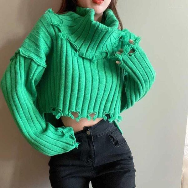 Kadın Sweaters Lucyever 2023 Sonbahar Kışları Kadın Belvek Sokağı Eski Kısa Örme Kültürü Kadın Yeşil Beyaz Gündelik Jumper