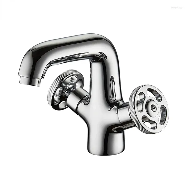 Rubinetti per lavandino del bagno Rubinetto a cascata cromato Design con ruota rotonda Doppio supporto Lavabo in ottone