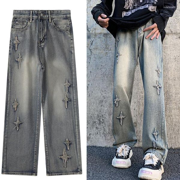 Herren Jeans Harajuku Vintage Ripped Cross Blau Lose Herren 2K Streetwear Gothic Punk Übergroße Hose Damen Wide Leg Bermuda Grunge