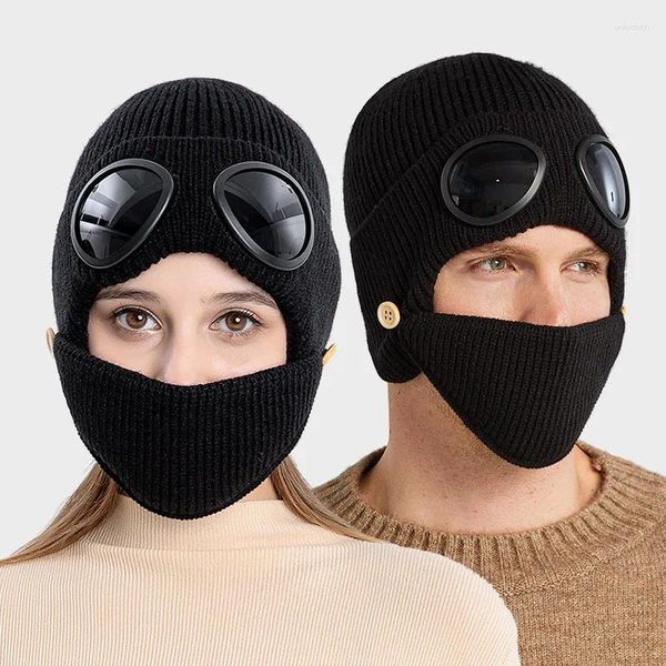 Beralar Beanies Kadınlar İçin Yün Akrilik Örme Kalın Sıcak Kulak Şapkası Pilot Stili Gözlük Maske Man Gorro Serimsiz Bonnet