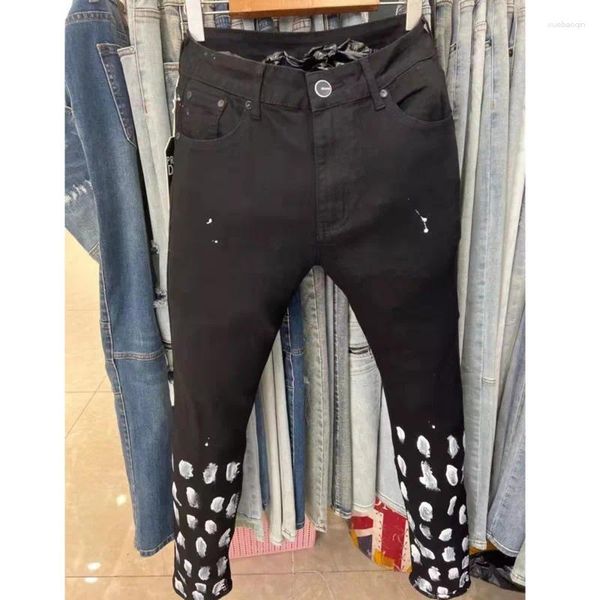 Jeans masculinos preto retro respingo tinta jean hombre remendo motociclista streetwear rasgado denim calça velha lavagem de água estiramento magro calças cônicas
