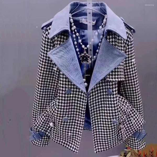 Giacche da donna Giacca corta pied de poule Donna 2023 Primavera Autunno Versione coreana Casual Denim con colletto dentellato Cappotto Office Ladies Manica lunga