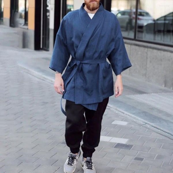 Camicie casual da uomo Cardigan kimono in stile giapponese Giacca a vento in lino sciolto blu estivo asiatico Tinta unita Cinghie con maniche a tre quarti