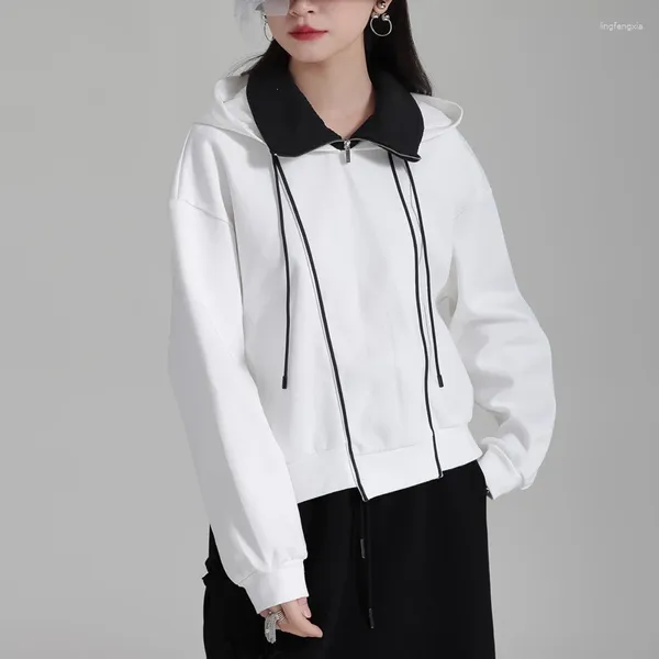 Felpe con cappuccio da donna Johnature Felpe con cappuccio allentate 2023 Moda invernale Casual Nero Bianco Contrasto Cerniera irregolare Donna Tutte le partite