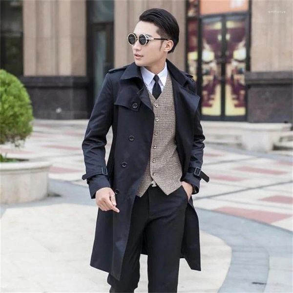 Herren Trenchcoats Frühling Herbst Herren Mann Zweireihiger Langer Mantel Herrenkleidung Slim Fit Mantel Khaki Schwarz S - 9XL