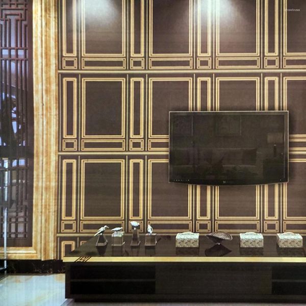Sfondi Carta da parati classica cinese Imitazione intaglio del legno Soggiorno geometrico Studio Corridoio Tv Sfondo Rivestimento murale