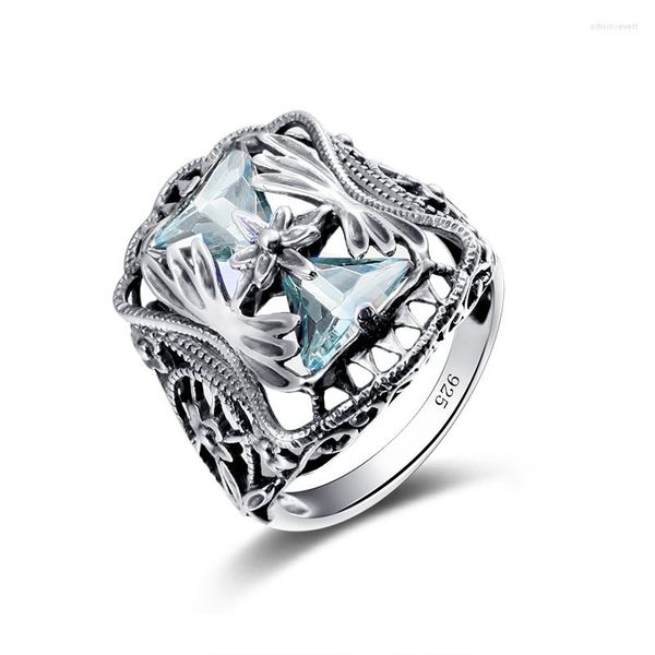 Anelli a grappolo in argento sterling 925 con pietre preziose per le donne Blu acquamarina Disain Anel Petali Gioielli da sposa vintage